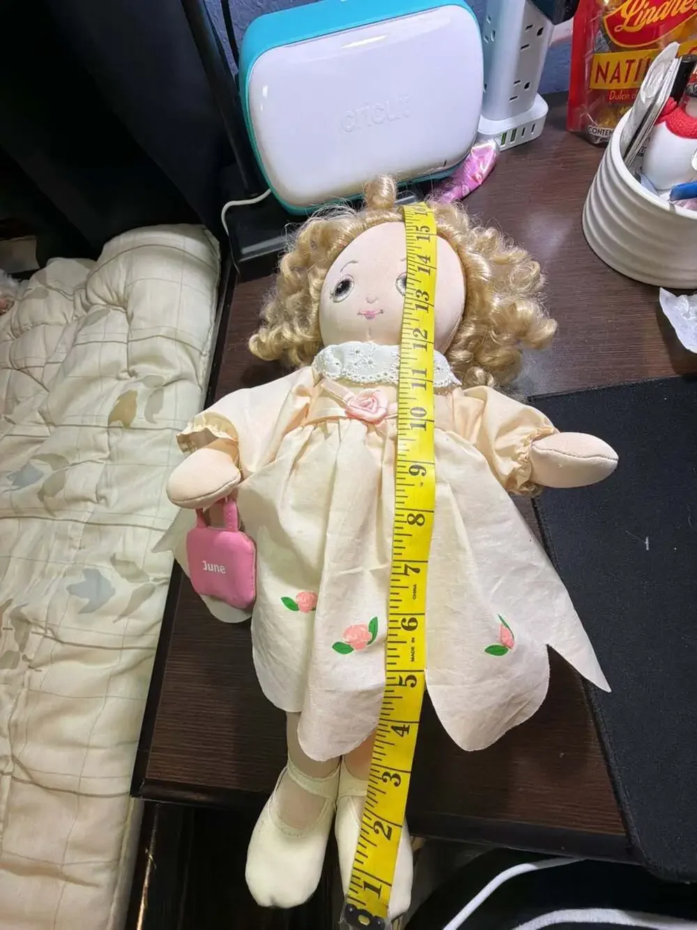 Sugar Loaf Vintage Cloth Doll Named June with Blonde Curly Hair and Floral Dress